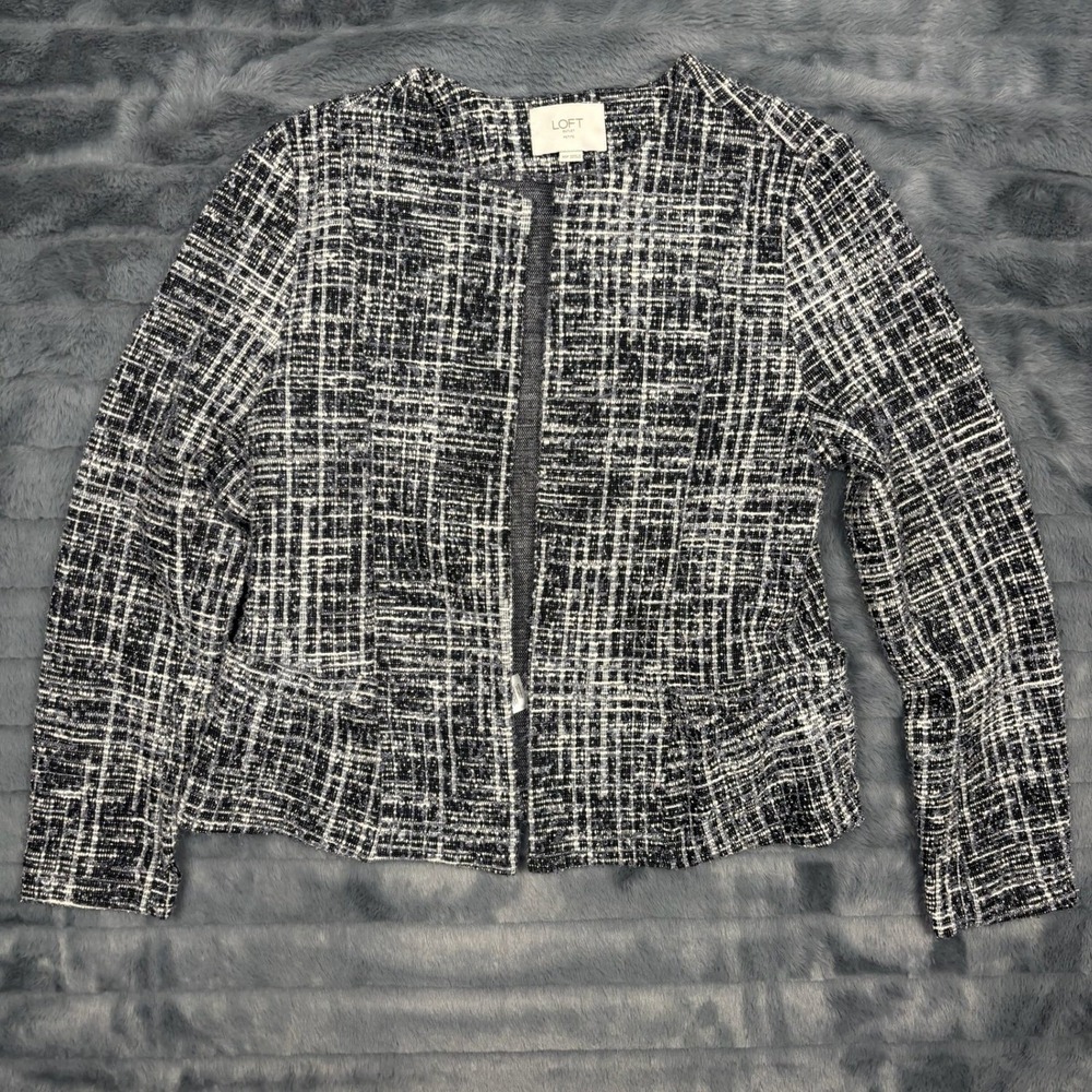 Loft Outlet Womens XSP Black White Tweed Open Front Knit Blazer Jacket Petite